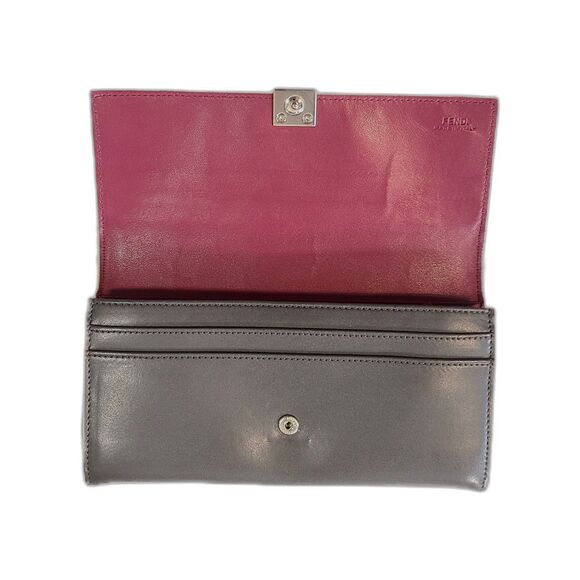 Fendi (Authentic) Gray Leather FF Baguette Long Fold-over Wallet w/ Pink Trim - Picture 5 of 12
